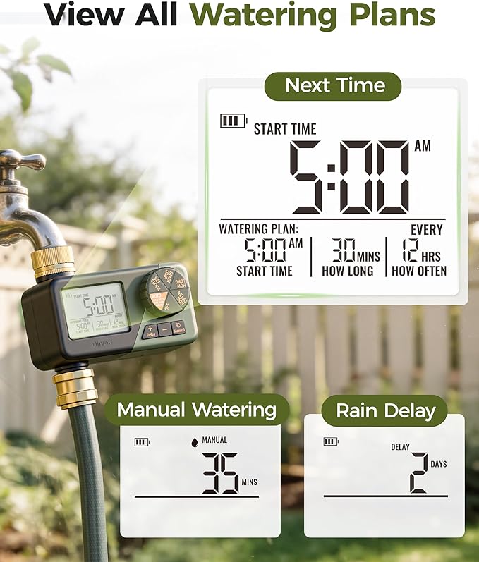 Diivoo Brass Sprinkler Timer, IP66 Waterproof Programmable Hose Timers for Watering with Large Display, Rain Delay & Manual Mode for Outdoor Automatic Irrigation of Garden, Lawn, Yard