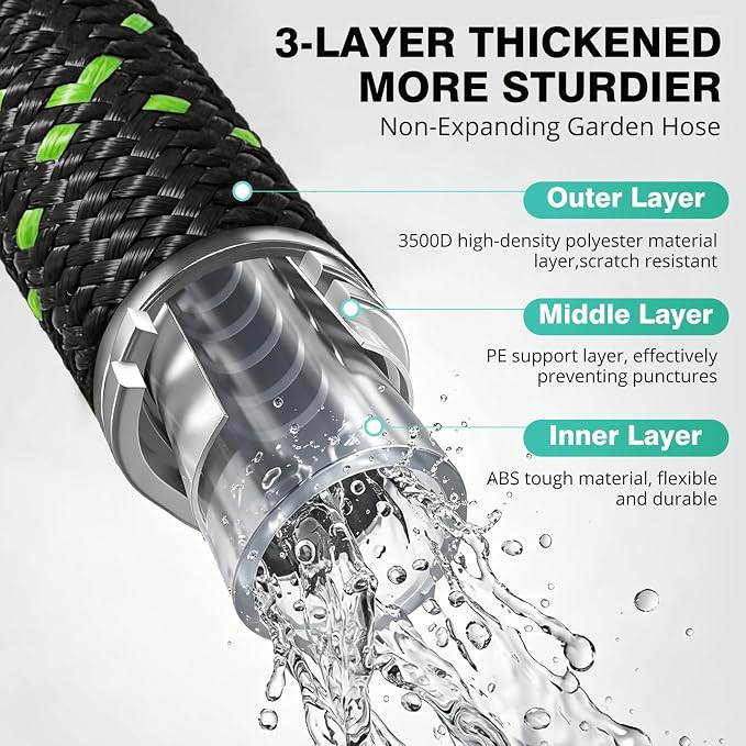 Garden Hose 100FT, Flexible Lightweight Non-Expandable Water Hose with 10 Function Nozzle, Leak-Proof, Burst-Resistant, High-Pressure for Yard, Outdoor