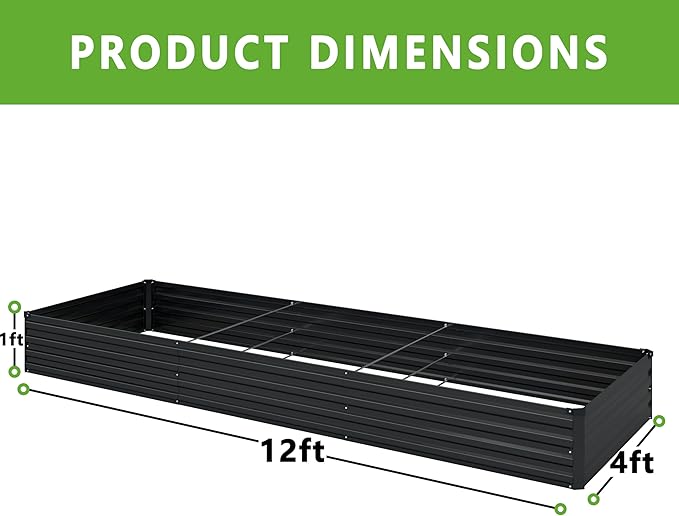 DIIYIV 12x4x1FT Galvanized Raised Garden Bed Kit,Vegetable Boxes-Rectangle Metal Flower Box,Large Planter Raised Beds Outdoor Garden for Planting,Fruit,Herb-Black