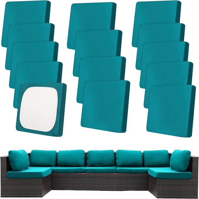 14Pcs Patio Cushion Covers,Outdoor Cushions Covers,Stretch Cushion Covers Replacement, Washable and Reusable Furniture Protectors(Peacock Blue)