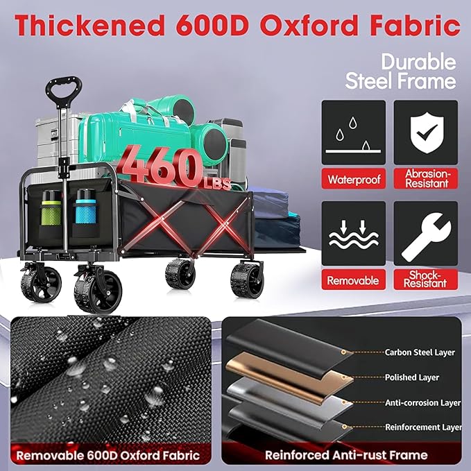 240L Capacity Foldable Wagon with Brakes, 49" Extra Long Extender Wagon Cart 460lbs Heavy Duty Collapsible Utility Cart with All-Terrain Big Wheels for Camping, Shopping, Beach
