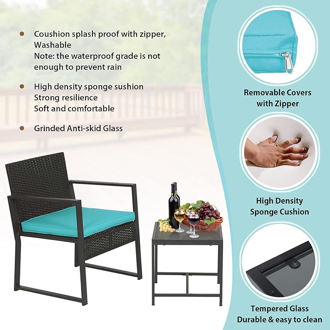 FDW | 3-Piece Patio Furniture Set | Blue | Outdoor Wicker Furniture with Coffee Table | Modern Rattan Chairs Conversation Set | Outdoor Seating | Weather-Resistant | for Porch, Garden, Lawn