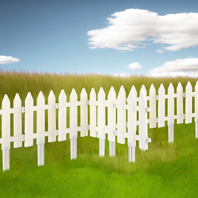 72 Pack White Garden Fence with 72 Insert Lawn Picket Fence Garden Border Decorative Plastic Panels for Landscape Path Flowerbeds Plant Yard, 6.69'' L x 7.87'' H