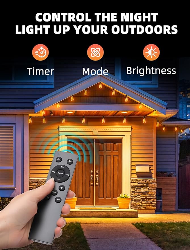 Outdoor Patio String Lights: 100Ft 30M Outside Waterproof Light - Remote Dimmable ST38 Shatterproof Bulb Connectable Hanging Outdoor Electric Lighting - Backyard Yard Gazebo Porch Party