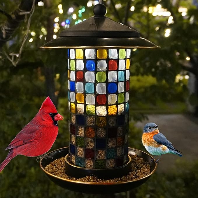 Solar Bird Feeder for Outdoors Hanging - Mosaic Glass Bird Feeder for Cardinals and Finches, Garden Décor Gift for Nature Lovers (1.5 lbs Capacity, Vita/Square)