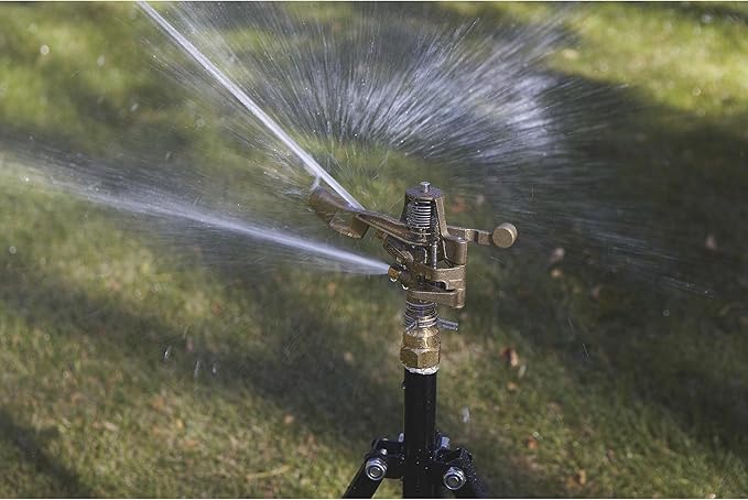 Strongway Tripod Sprinkler with Round Base, 3/4 in. Brass Head with 2 Nozzles, 100 Ft. Diameter Coverage, 7800 Sq. Ft., 6-10 GPM, Adjustable Full and Partial Circle, for Lawn and Garden
