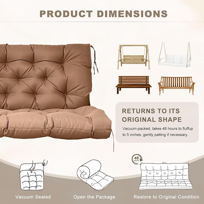 Porch Swing Cushion with Backrest,Waterproof Bench Cushion for Outdoor Furniture,2-3 Seater Replacement Thickened swing cushion with Ties,Patio,Outdoor,Backyard and Garden (Light Coffee,40x40")