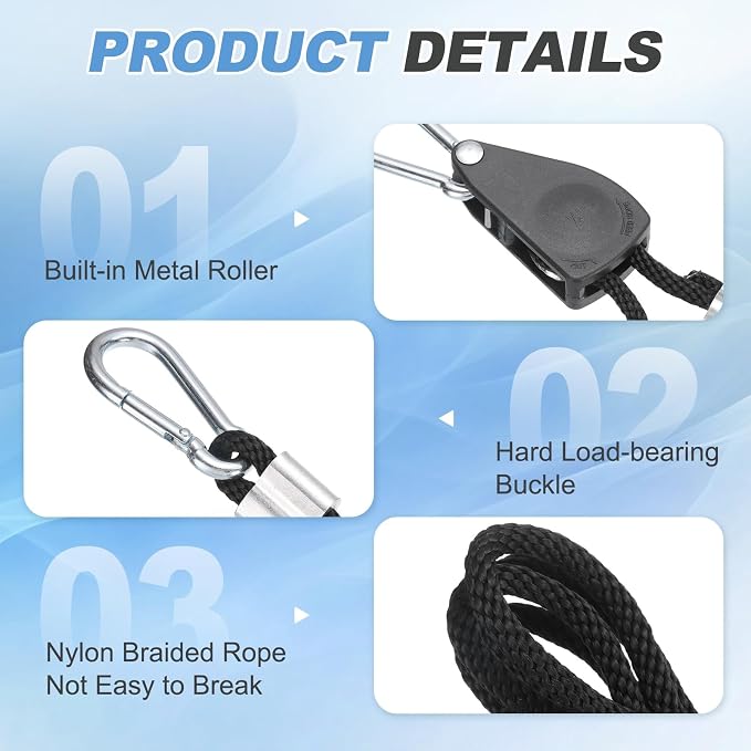 uxcell 4 Pairs 1/4" Adjustable Rope Hanger, 4.92ft(1.5 Meter) Heavy Duty Ratchet Tie Down Strap with Rope Clip Hanger for Hanging Plants, Grow Light and Various Tie-Down Uses, Black