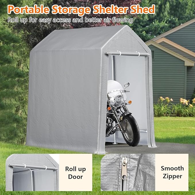 Heavy Duty Carport Canopy with Metal Frame, 10x10 ft Portable Garage & Outdoor Storage Shed, Waterproof PE Cover, Roll-Up Zipper Door, Car Port Shelter for Motorcycle, Bike, Tools, Firewood, Grey