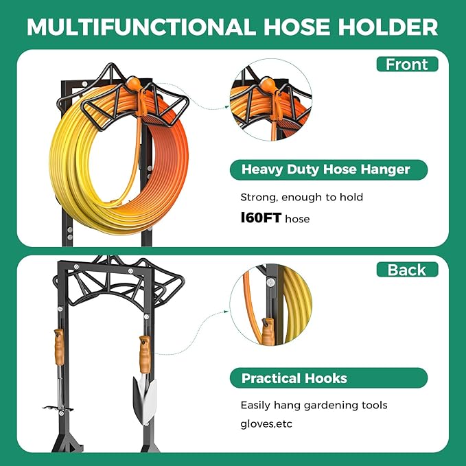 Garden Hose Holder Holds 160Ft Hoses, Heavy-Duty Freestanding Hose Reel with 2 Tool Hooks, Rustproof Freestanding Hose Stand with 4 Spikes Water Hose Hanger Storage Reel Rack for Outside, Yard, Lawn