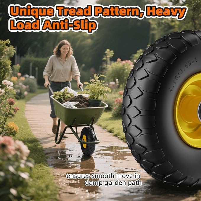 RONPOW 4.10/3.50-4 Flat Free Tire, 10 Inch Solid Tires, 500Lb Heavy Duty Replacement Wheel with 5/8" Bearings, Compatible with gorilla Cart, Garden Carts, Dump Wagons, Dolly & Hand Trucks, 2Pcs Yellow