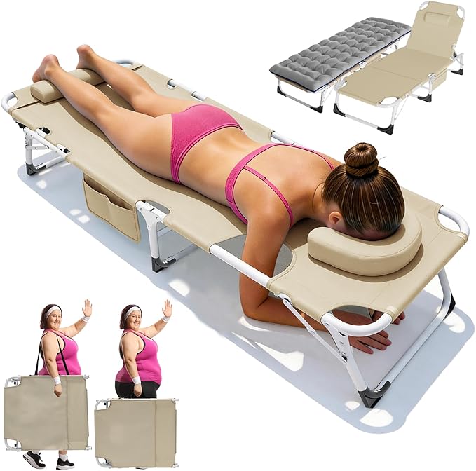 ABORON 3-in-1 Sun Tanning Chair – Oversized Folding Chaise Lounge with Mat, Pillow & Face Hole, 5-Position Adjustable for Beach, Pool, Lawn, or Patio Use