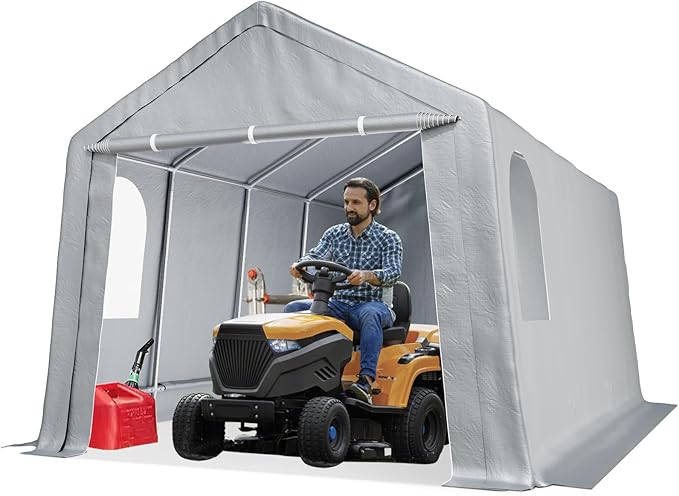 10'x15' Portable Carport & Storage Shed – Waterproof Shelter with Roll-Up Zipper Doors & Sturdy Metal Frame | Motorcycle, Bike, Garden Tool Protection