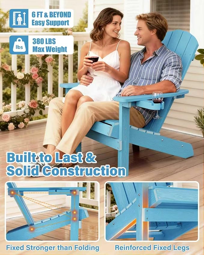 YEFU Adirondack Chair Weather Resistant: Outdoor Chair HIPS Plastic Adirondack Chairs - Patio Chairs with Cup Holder & Wood Texture - Lawn Fire Pit Deck Porch Garden Chairs for Adults (Blue)