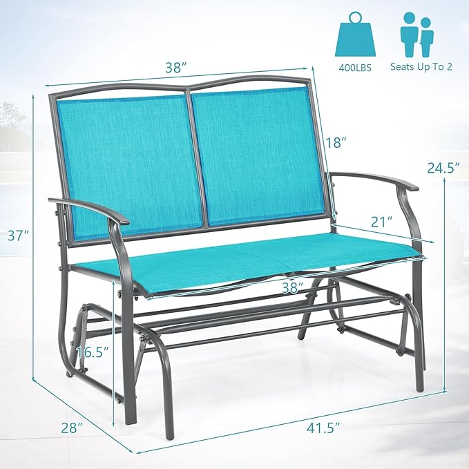 Giantex Outdoor Glider Bench, Patio Glider Bench for Outside, Steel Frame, 400 Lbs Capacity, Ergonomic Swing Rocking Chair Loveseat, 2-Person Porch Swing Rocker for Backyard, Lawn, Balcony, Turquoise