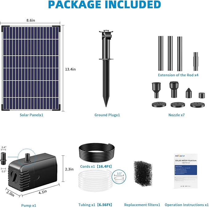 POPOSOAP Solar Water Pump 12W, Solar Water Fountain Pump Kit, 160GPH Submersible Solar Fountain Pump Flow Adjustable with PVC Tubing, 16.4Ft Cord for Ponds, Garden, Fish Pond, Waterfall, Hydroponics
