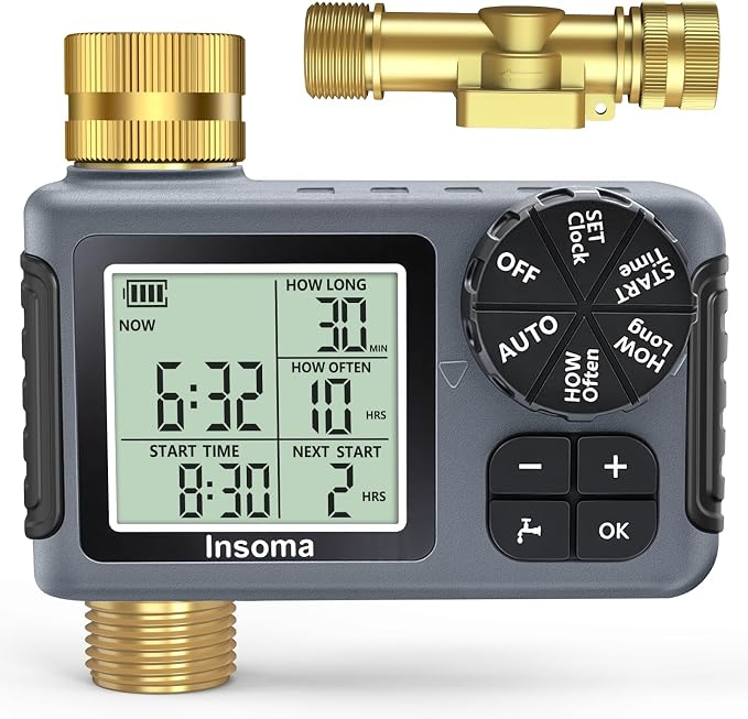 Water Timer for Garden Hose with 100% Brass Pipe, Programmable Sprinkler Controller for Garden Faucet with Auto/Manual/Rain Delay Mode, Irrigation Timers for Lawn, Yard, Outdoor Plants