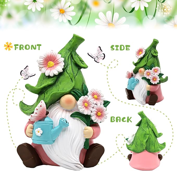 Spring Garden Gnome Figurine, 5.9in Resin Daisy Floral Gnome Decorations for Home Indoor Outdoor, Retirement Gifts for Women