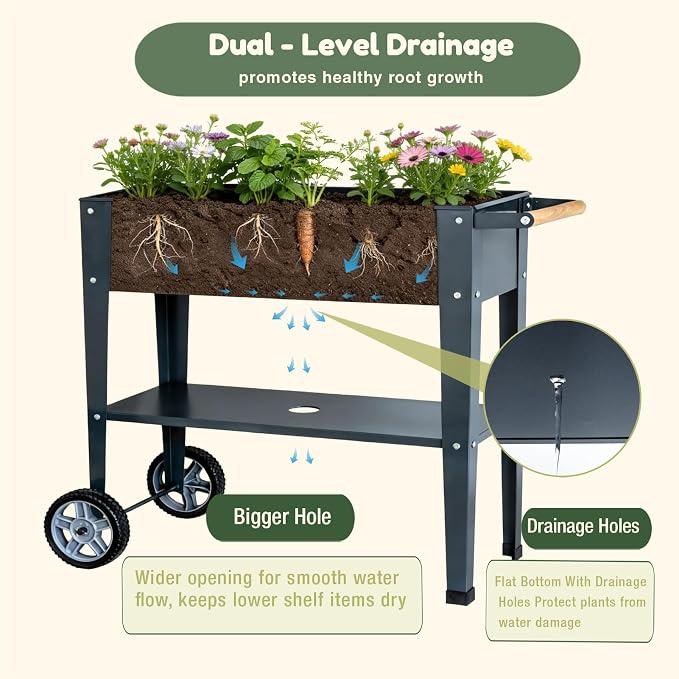 Raised Garden Bed Outdoor with Wheels, Leg and Wooden Handle, 29.5x13.4x32.3in, 350lb Cap, Metal Elevated Raised Planter Box for Herb, Vegetable, Perfect for Backyard, Balcony, Light Black