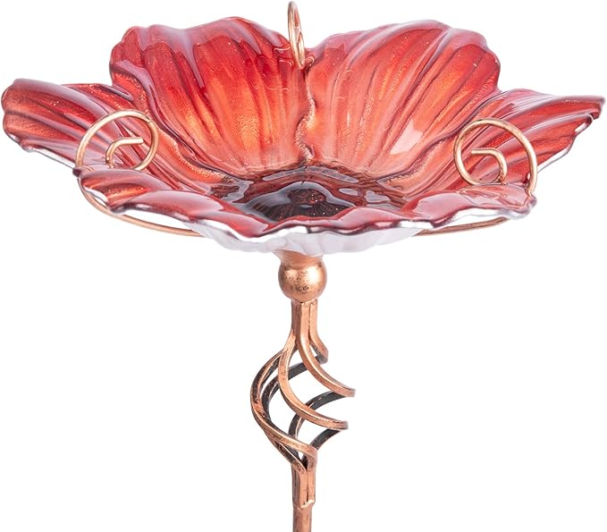 MUMTOP 31 Inch Height Glass Birdbath Birdfeeder with Metal Stake Garden Yard Outdoor Red