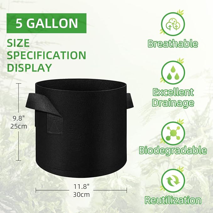LITLANDSTAR 50 Pack 5 Gallon Plant Grow Bags, Breathable Felt Non-Woven Aeration Fabric Plant Grow Pots, Garden Planting Containers for Nursery Vegetable Flower Grow Bags with Handles (11.8x9.8inch)
