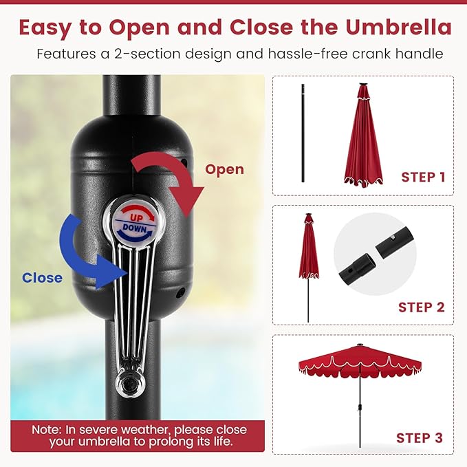 Tangkula 9 FT Solar Patio Umbrella, 2-Tiers Scalloped Outdoor Table Market Umbrella with 32 LED Lights, Vented Top, Tilt Adjustment, Crank, 8 Ribs for Backyard Poolside Deck Beach Lawn (Red)