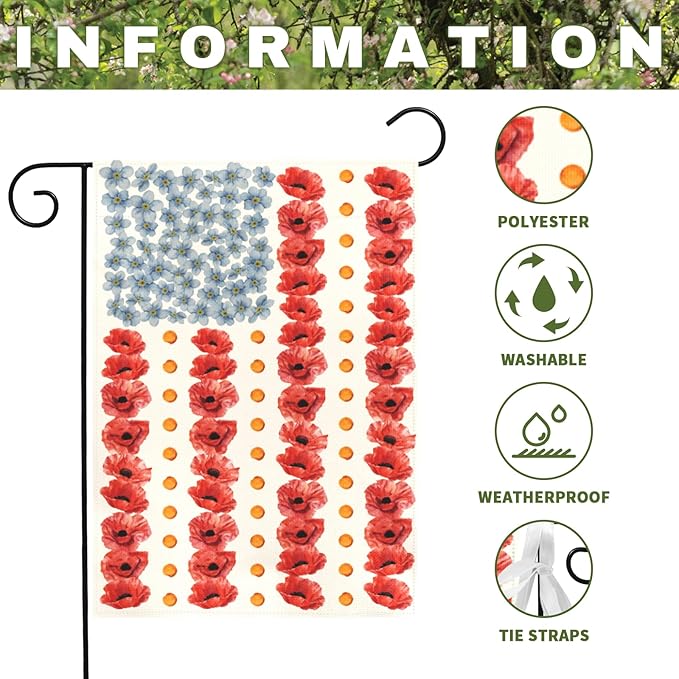 Patriotic Poppy Garden Flags American Flag Floral Yard Flags Double Sided Memorial Day Independence Day House Banner for Fourth of July Remembrance All Season Home Lawn Porch Decor 12x18 Inch