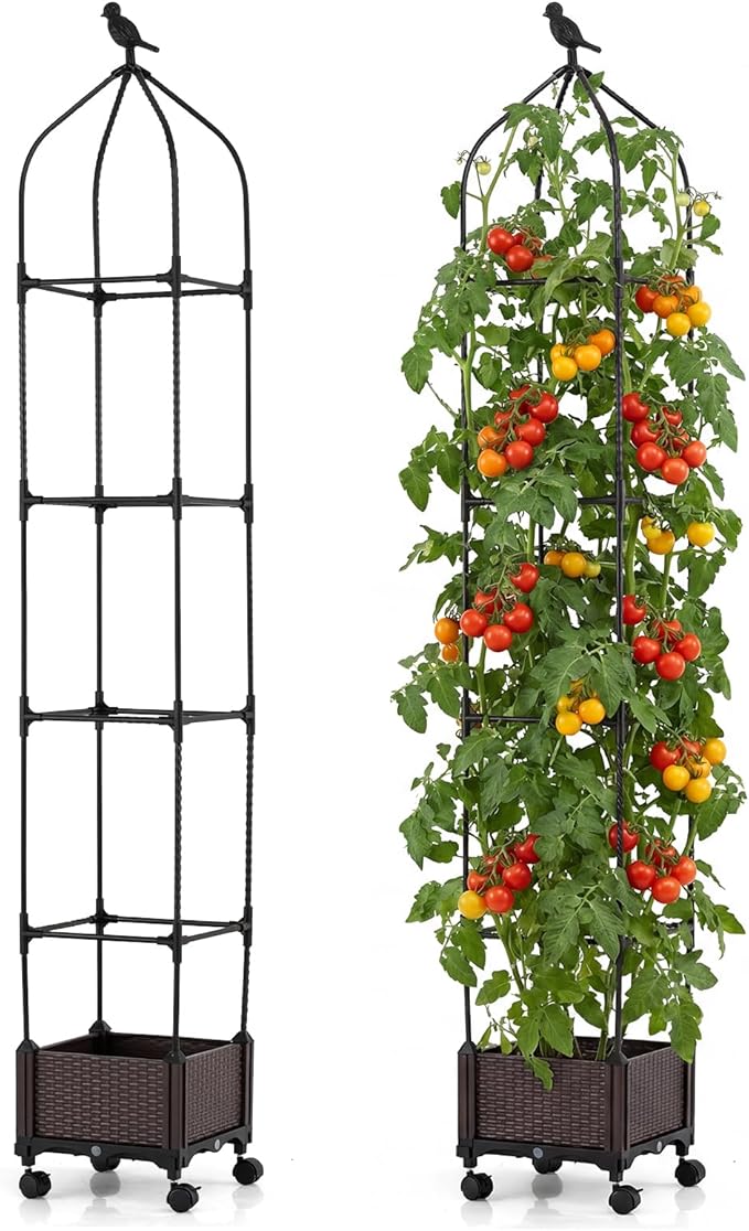 HAPPYGRILL Raised Garden Bed with Trellis, Self-Watering Tomato Cages, 83” 67” 51” Adjustable Height, Indoor Outdoor Obelisk Planter Box w/Trellis & Wheels for Climbing Plants Vines Fruits (2)