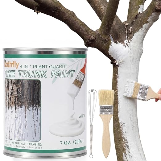 Kathfly 1 Pack Tree Paint Kit Tree Whitewash Trees Trunk Protection with Tinplate Container Whisk Brush for Fruit Nut Ornamental Trees Sapling Garden Yard Orchard (7" Whisk,Regular Wood Handle Brush)
