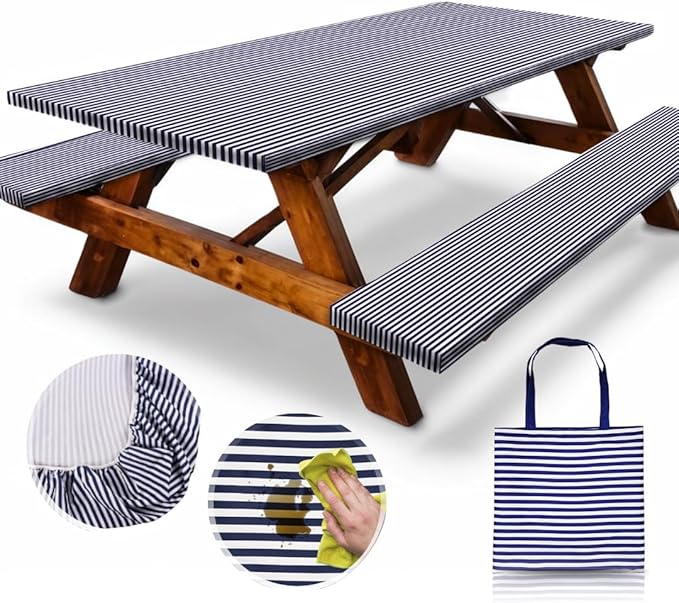 RNOONY 6ft Polyester Picnic Table Cover with Bench Covers Windproof & Waterproof Tablecloth, Perfect Camping Gifts RV Essentials, Cool Camping Gadgets, with Carrying Bag, 72x30 Inch 4Pcs,Blue Striped