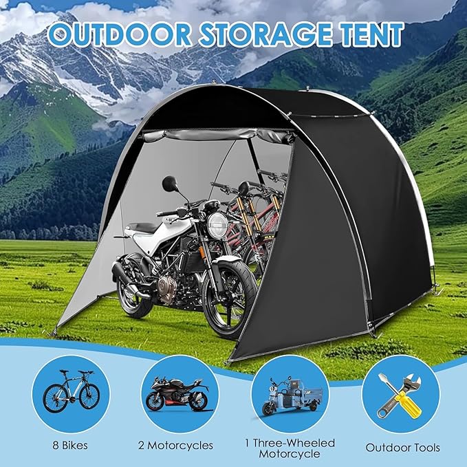Bike Storage Shed Tent, 98.4 x 82.7 x 65 in,Outdoor Portable Bike Storage, 210D Oxford Fabric PU4000 Waterproof, 2 Rolling Doors, Store 4~8 Bikes, Motorcycles or Large Motorcycles, Without Floor