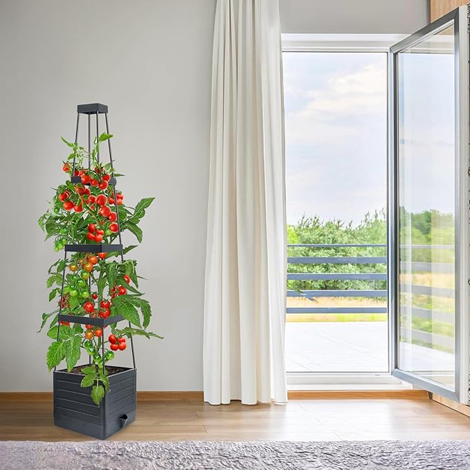 MYMULIKE Raised Garden Bed Tomato Planter with Trellis, 58" Tomato Cage for Climbing Vegetables Plant, Self Watering Pots for Indoor Plants Garden Pots Patio Greenhouse Indoor Outdoor