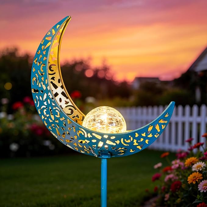 Homeimpro Moon Solar Garden Lights Outdoor Stakes, Waterproof Crackle Glass Metal Yard Lights for Lawn, Patio Accessories, Backyard Decor, Birthday Gifts for Mom