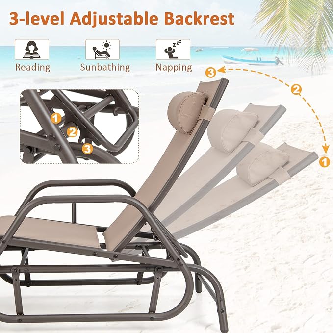 Tangkula Outdoor Glider Recliner Chair, Adjustable Backrest Patio Gliding Lounger with Armrests and Pillow, Outdoor Swinging Rocking Chair w/Breathable Fabric for Poolside, Backyard (1, Brown)
