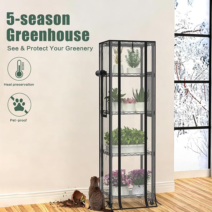 5-Tier Greenhouse for Indoor Outdoor , 15.7" L×11.8" W×62.3" H | Portable Greenhouse with Wheels，Clear PVC Cover and Metal Shelf，for Growing Flowers and Seedlings