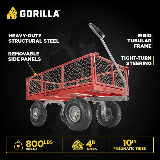 Gorilla Carts Steel Utility Cart, 4 Cu Ft Bed, 800 lb Load Capacity, Red – Heavy-Duty Outdoor Hauling Wagon with Removable Side Panels for Yard, Lawn, Garden or Landscaping