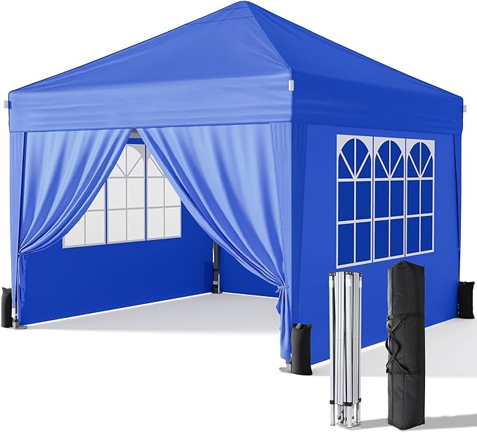 Driftalia 10x10 Pop Up Canopy with Sidewalls, Outdoor Instant Canopy Tent with Carry Bag for Commercial Events, Camping, Backyard Parties - Blue