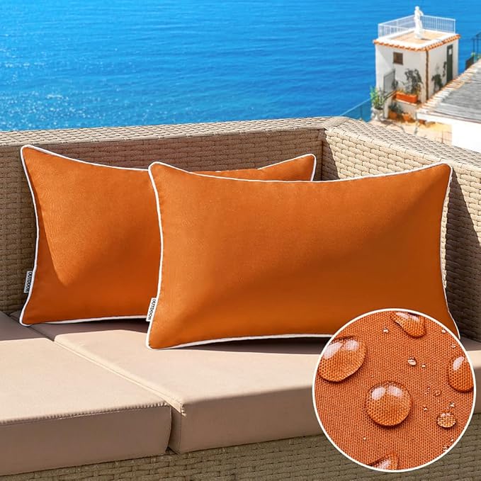 MIULEE Pack of 2 Outdoor Waterproof Pillow Covers Decorative Lumbar Throw Pillows Solid Color Farmhouse Couch Cushion Covers for Patio Tent Bed Sofa Living Room 12x20 Inch Orange