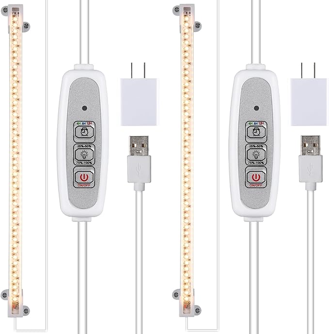 RWNTAO One Strip Growing lamp 2-Pack, Full Spectrum LED Grow Light Strips for Indoor Plants with Auto ON/Off Timer & 4 Dimmable Levels for Green House Hydroponics Succulent (One Head 2 Pack)