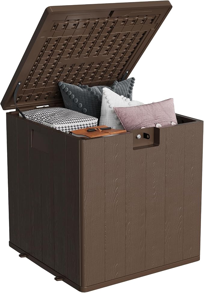 28 Gallon Outdoor Deck Box, Lockable Waterproof Outdoor Resin Box with Lid, Patio Storage Bin for Patio Furniture, Garden Tools, Pool Accessories - Brown