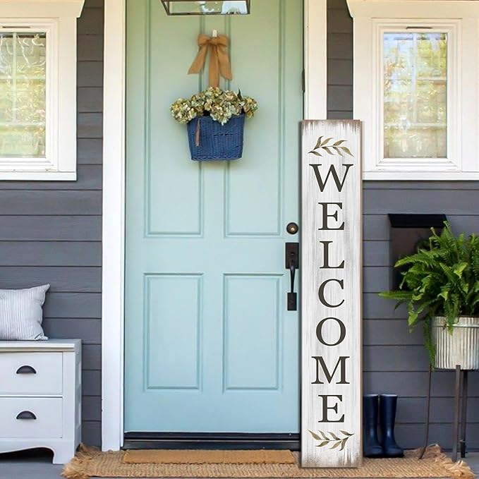 Summer Welcome Sign for Porch 47" Retro White Wooden Door Sign for Outdoor Decoration Rustic Cabin Large Porch Signs For Patio Farmhouse Vertical Signs for Seasons Standing Yard Signs for Garden