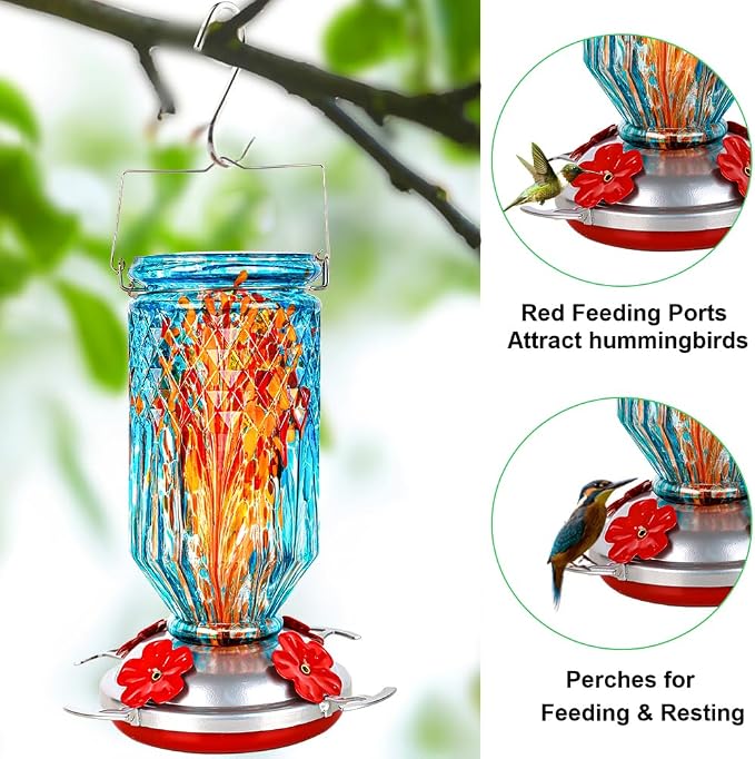 Hand Blown Glass Hummingbird Feeder for Outdoors Hanging Round Chaning Color 32 OZ Large Humming Birds Feeders with Accessories Gift for Women Mom (Blue)
