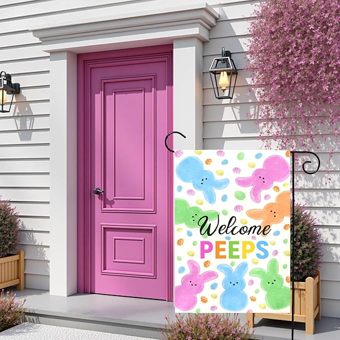 Welcome Peeps Easter Garden Flag for Outdoor Spring Cute Bunny Egg Pattern Double Sided Yard Banner Holiday Welcome Rabbit Flags Waterproof Seasonal Home Hare Decor for Porch Lawn 12x18 Inch