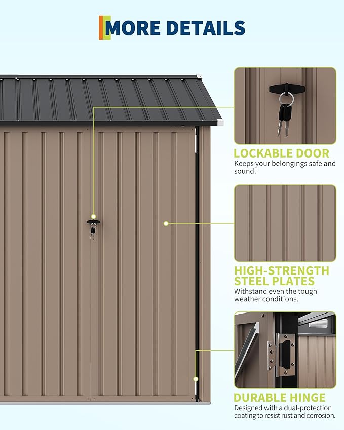 6x8FT Metal Storage Shed with Sloped Roof, Lockable Doors, Solar Light, Windows, and Vents, Outdoor Storage Sheds for Garden, Backyard, Patio Tools and Equipment