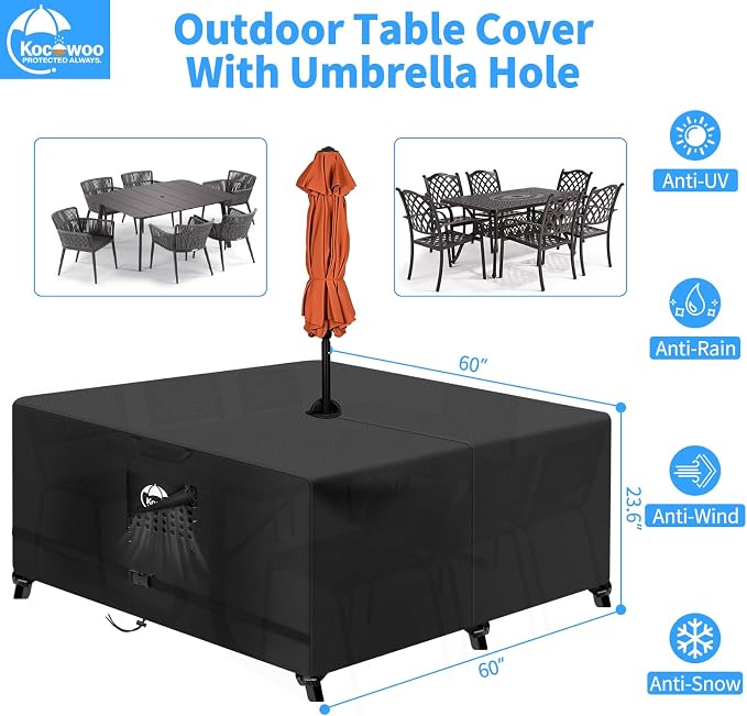 Rectangular Patio Table Cover with Umbrella Hole,Outdoor Lawn Patio Furniture Covers Heavy Duty 800D Oxford Fabric,Waterproof,Ripstop,UV Protection(60" Lx 60" W x 23.6" H)