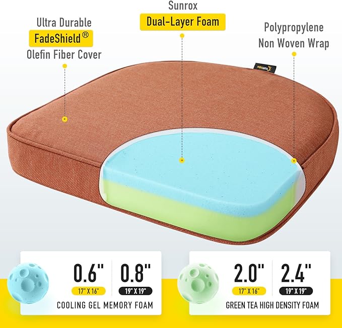 SUNROX Gel Memory Foam Chair Cushions, FadeShield Water-, Stain-Resistant Durable Reversible Seat Cushion Pads with Ties for Indoor/Outdoor Kitchen Dining Office 17"x16" Set of 4, Terracotta
