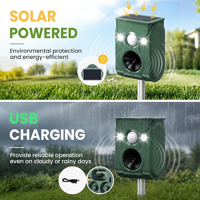 Cat Repellent Outdoor, Solar Ultrasonic Animal Repellent, Squirrel Repellent IP66 Waterproof, Raccoon Deterrent with Motion Detection, Dog Bird Rabbit Skunk Deer Repellent (1)