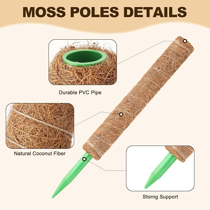 6 Pack Moss Pole for Plants Monstera,Stackable Moss Pole for Plants,Coir Totem Pole Tall for Climbing Plant,Sphagnum,Indoor Potted Plant with Garden Ties and Stem Support (3x17in + 3x12in)