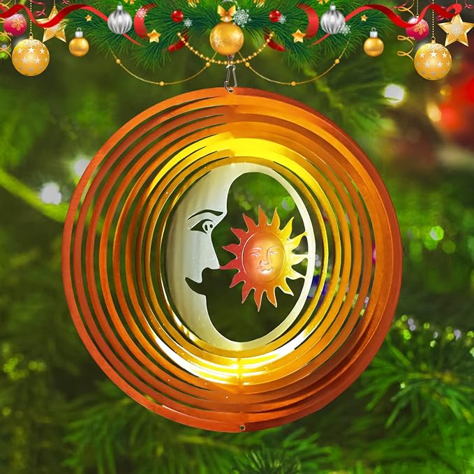 FONMY Wind Spinner 3D Stainless Steel Laser Cut Metal Art 12 inches Moon and Sun Hanging Wind Spinner, Kinetic Yard Art Decorations - Indoor/Outdoor Décor