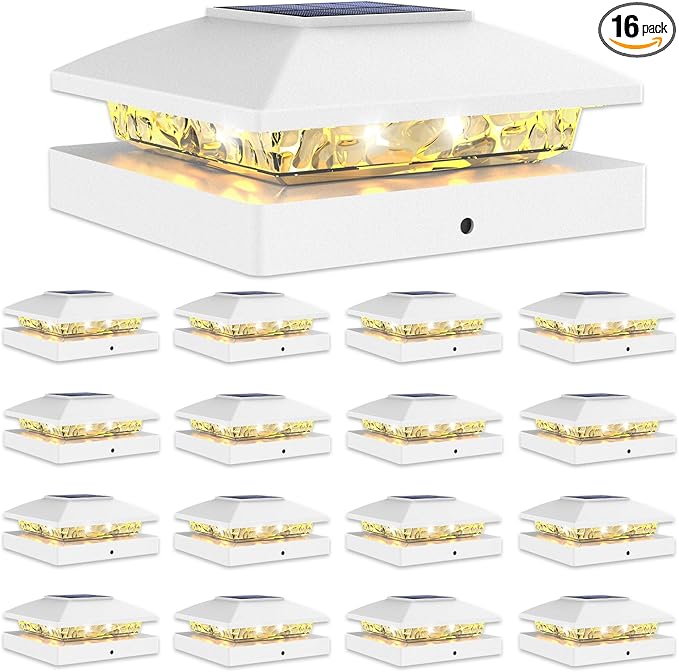 VOLISUN 4x4 Solar Cap Lights 16-Pack, Outdoor Waterproof for Wooden/Vinyl Posts, White Deck Lights Solar Powered, Warm White for Garden/Patio/Porch